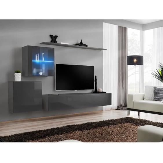 Ensemble meuble salon mural - PRICE FACTORY - SWITCH XV - Gris brillant - 3 portes - 2 tiroirs