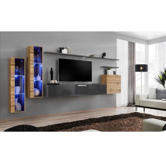 Ensemble meuble salon mural SWITCH XI design, coloris gris brillant et chêne Wotan. 40 Gris