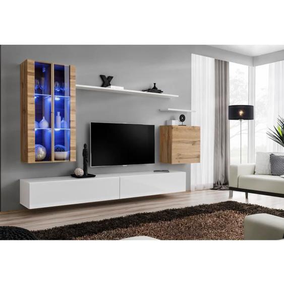 Ensemble meuble salon mural SWITCH XII design, coloris blanc brillant et chêne Wotan. 40 Blanc