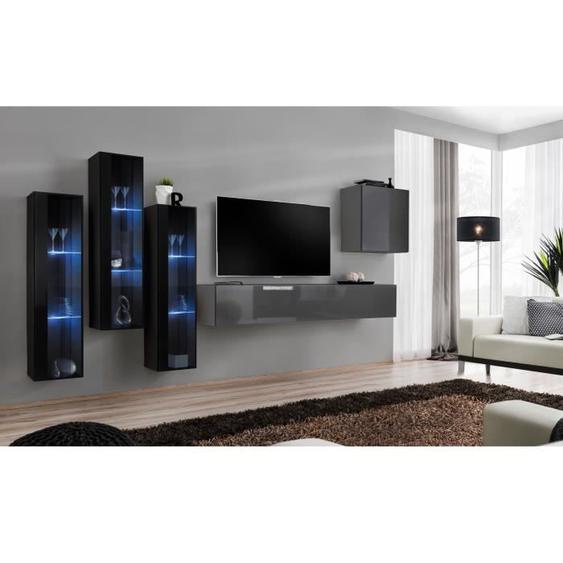 Ensemble meuble salon mural SWITCH XIII design, coloris gris brillant et noir. 40 Gris