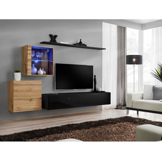 Ensemble meuble salon mural SWITCH XV design, coloris noir brillant et chêne Wotan. 40 Noir
