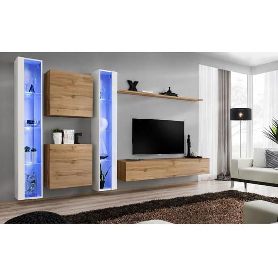 Ensemble meuble salon mural SWITCH XVI design - PRICE FACTORY - Chêne Wotan et blanc brillant - 180 cm - Marron