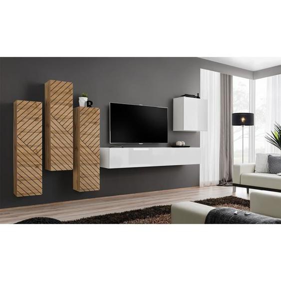 Ensemble meuble salon - PRICE FACTORY - SWITCH III - Blanc - Chêne Wotan - Style industriel