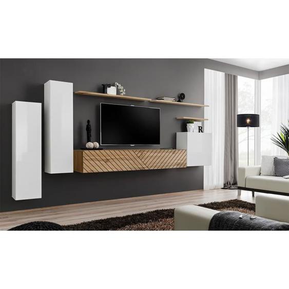 Ensemble meuble salon SWITCH I - PRICE FACTORY - Blanc et chêne clair - Contemporain - Design - Adulte