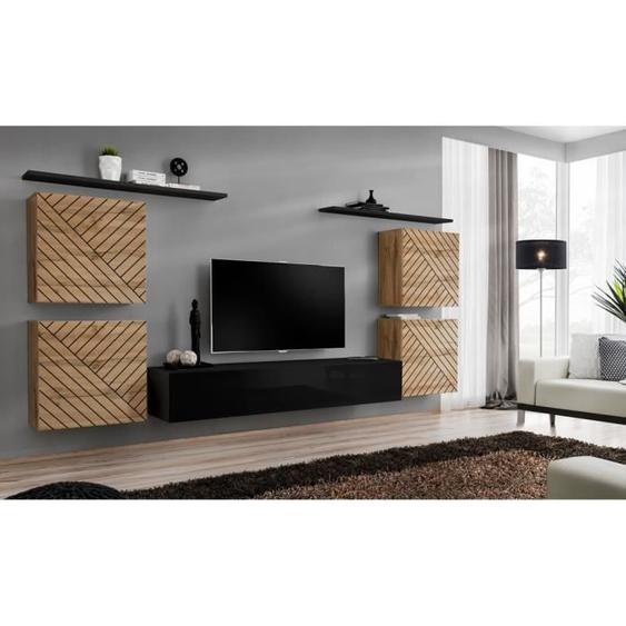 Ensemble meuble salon SWITCH IV - PRICE FACTORY - Chêne wotan et noir - Contemporain - Design - Aspect bois
