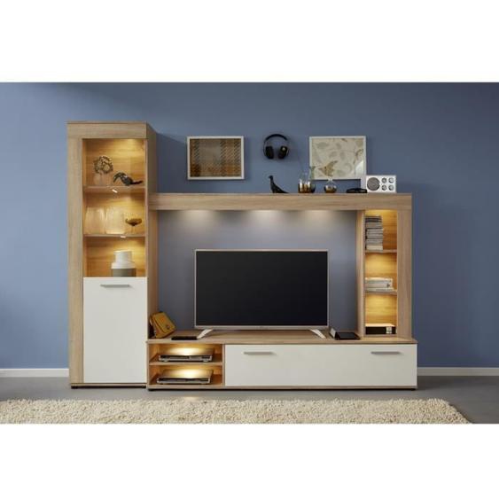 Ensemble meuble TV 3 pièces LOGO - 1 Porte - LED - Mélamine chêne clair et blanc mat - L240 x P41 x H185 cm - TRENDTEAM