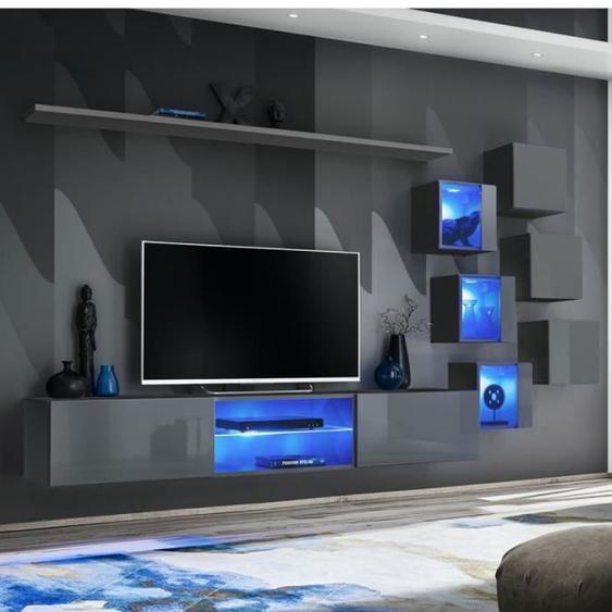 Ensemble Meuble Tv Contemporain - PARIS PRIX - Switch Xxi - Gris - Led - 180cm