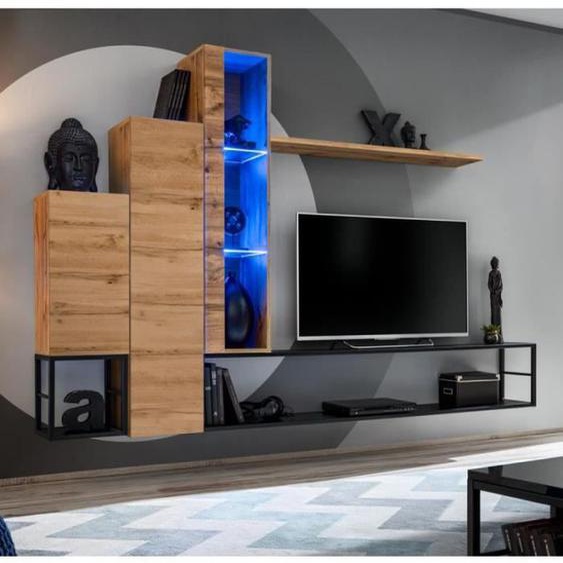Ensemble Meuble Tv Design - Paris Prix - Switch Viii - Naturel & Noir - MDF - Moderne - 180cm
