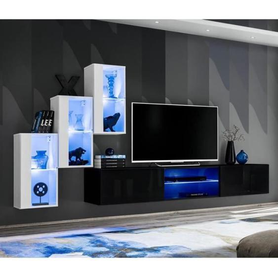 Ensemble Meuble Tv Design - PARIS PRIX - Switch Xxii - Blanc & Noir - LED & Push-Click