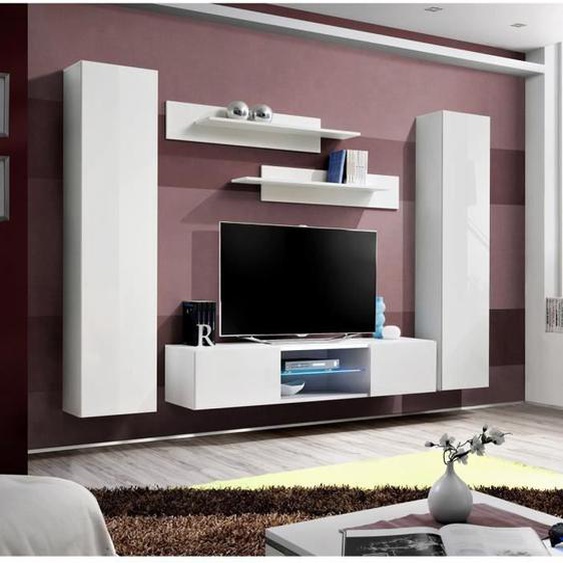 Ensemble Meuble TV FLY O1 - PRICE FACTORY - Blanc - 4 portes - LED