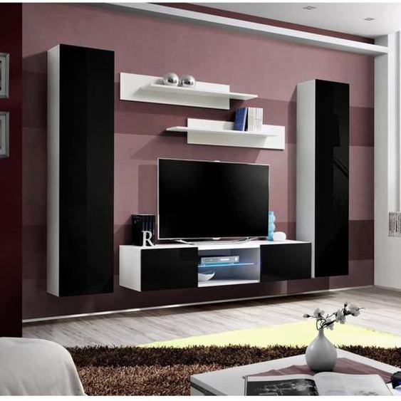 Ensemble Meuble TV FLY O1 - PRICE FACTORY - Noir brillant - Meuble de salon suspendu design