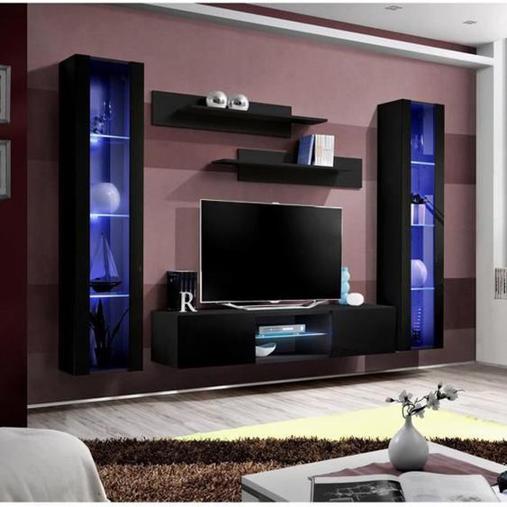 Ensemble Meuble TV FLY O2 avec LED - Price Factory - Noir - Meuble suspendu design pour votre salon