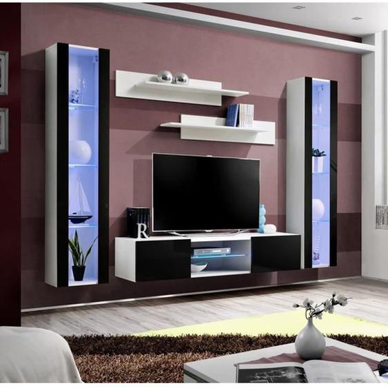 Ensemble Meuble TV FLY O2 - PRICE FACTORY - Blanc et noir - Meuble suspendu design - Push to open