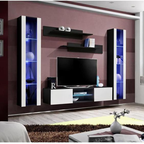 Ensemble Meuble TV FLY O2 - PRICE FACTORY - Noir/Blanc - 4 portes - LED - Design contemporain