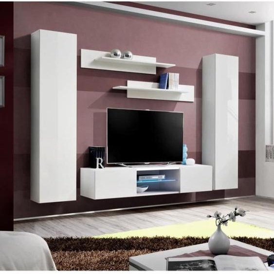 Ensemble meuble TV mural - AC-DÉCO - FLY O1 - Blanc - Contemporain - Laqué