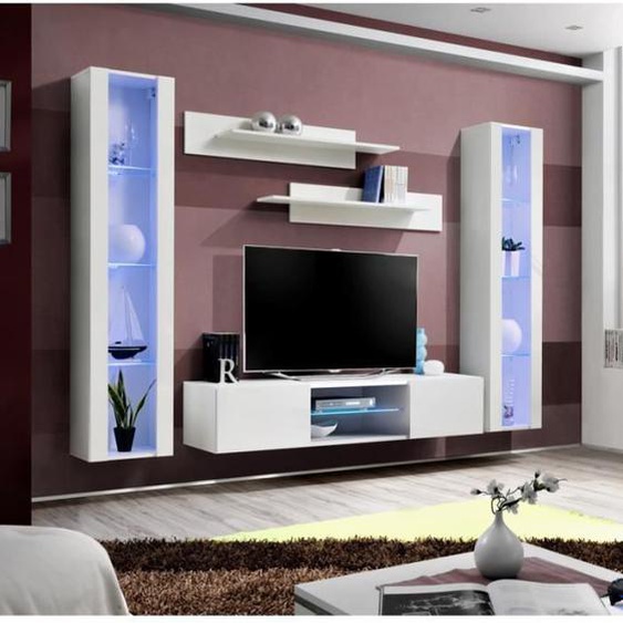 Ensemble meuble TV mural - AC-DÉCO - FLY O2 - Blanc - 2 porte(s) - 260 x 40 x 190 cm
