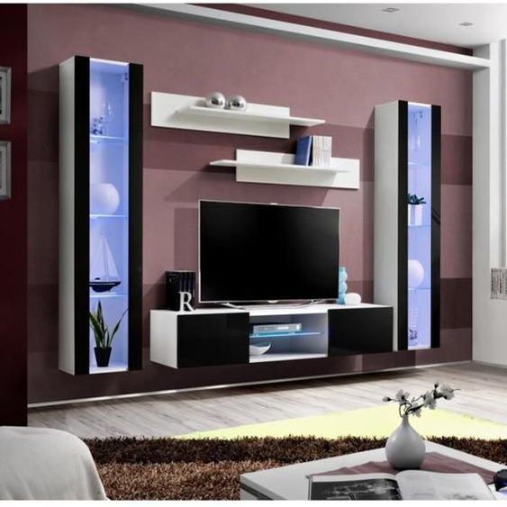 Ensemble meuble TV mural - AC-DÉCO - FLY O2 - Laqué - Noir et blanc - 260 x 40 x 190 cm
