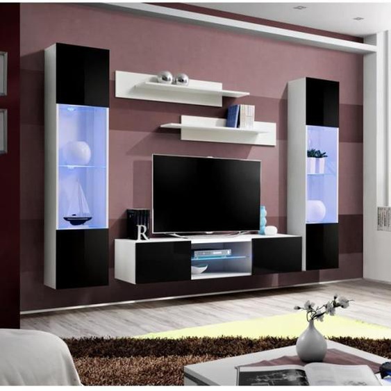 Ensemble meuble TV mural - AC-DÉCO - FLY O3 - Blanc - Verre - 2 porte(s) - 260 x 40 x 190 cm