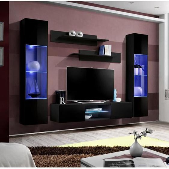 Ensemble meuble TV mural - AC-DÉCO - FLY O3 - Noir - 2 portes - Adulte