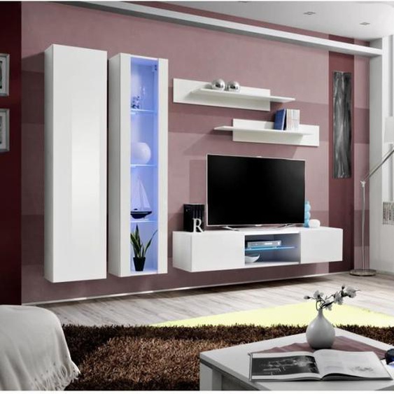 Ensemble meuble TV mural - AC-DÉCO - FLY O4 - Blanc - Verre - 2 portes - 260 x 40 x 190 cm
