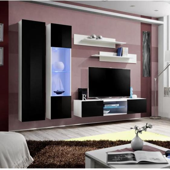 Ensemble meuble TV mural - AC-DÉCO - FLY O4 - Noir et blanc - 2 portes - Éclairage LED