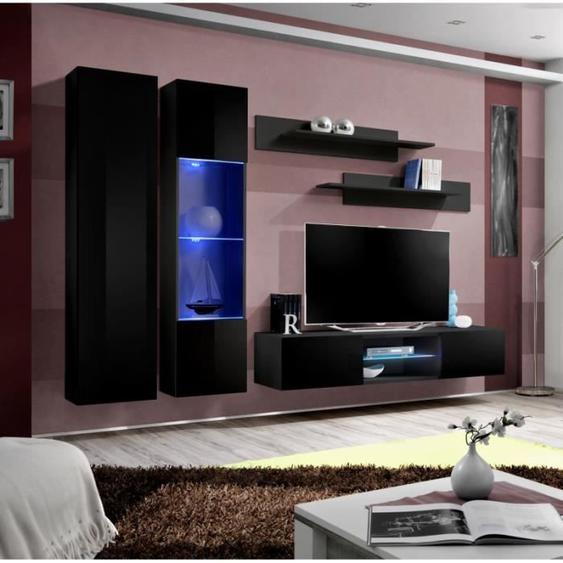 Ensemble meuble TV mural - AC-DÉCO - FLY O4 - Noir - Verre - 260 x 40 x 190 cm