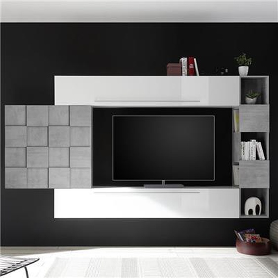 Ensemble meuble TV mural blanc et gris béton LICATA