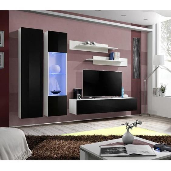 Ensemble meuble TV mural FLY-A noir et blanc - PRICE FACTORY - 3 portes - LED 40 - PUSH TO OPEN