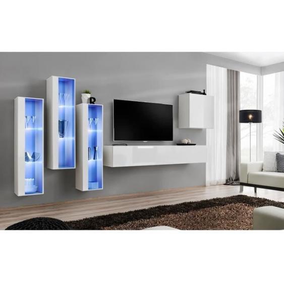 Ensemble meuble TV mural - SWITCH - Switch XIII - Blanc - 2 vitrines - Éclairage LED bleu - 3 étagères murales