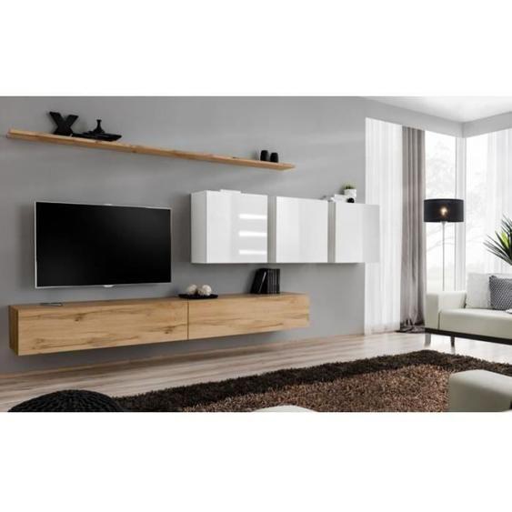 Ensemble meuble TV mural SWITCH VII - PRICE FACTORY - Chêne Wotan et blanc brillant - 5 portes - 340x150x40 cm