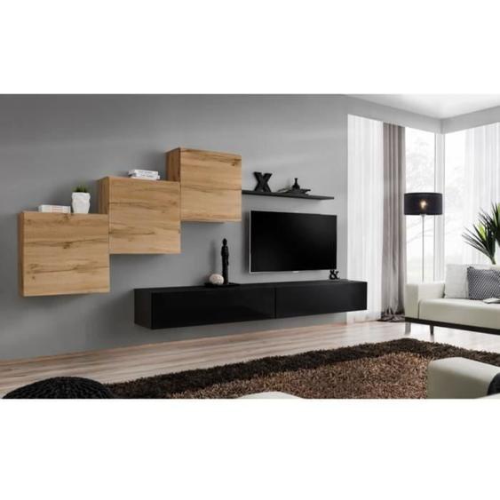 Ensemble meuble TV mural SWITCH X design noir brillant et chêne Wotan - PRICE FACTORY - 5 portes - 330cm