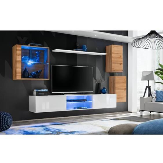 Ensemble meuble TV mural Switch XXIII - AC-DÉCO - Blanc - L 250 x P 40 x H 140 cm