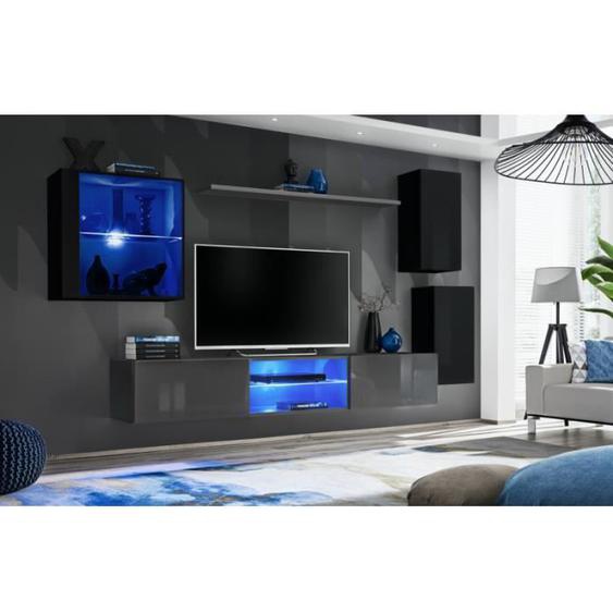 Ensemble meuble TV mural Switch XXIII - AC-DÉCO - Gris et noir - Laqué - Contemporain - Design