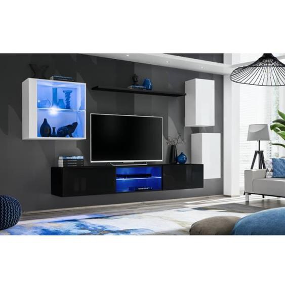 Ensemble meuble TV mural Switch XXIII - AC-DÉCO - Noir laqué - 250x40x140cm