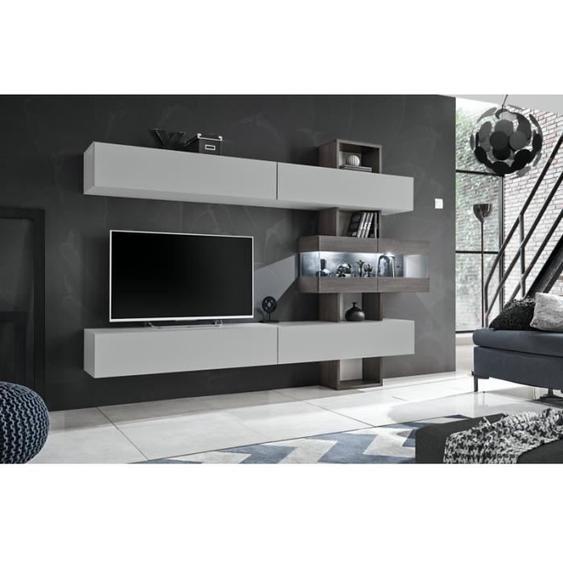 Ensemble meuble TV mural Tokio - AC-DÉCO - Blanc - 4 armoires suspendues - LED blanche