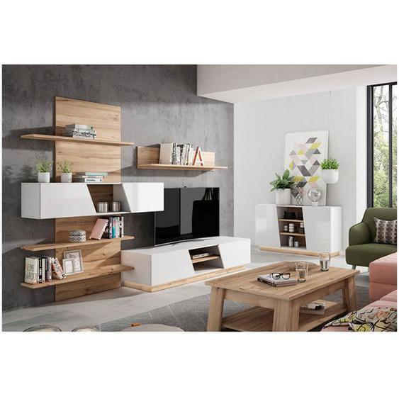 Ensemble meuble TV paroi murale blanc et aspect chêne clair avec LED - NOVA