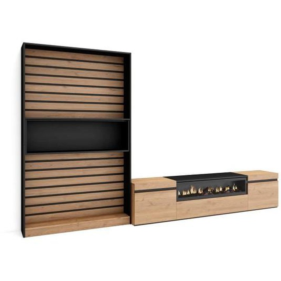 Ensemble Meuble TV - SKRAUT HOME - 210cm - Chêne et noir - Cheminée électrique