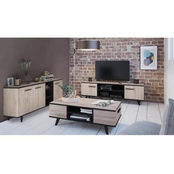 Ensemble meuble TV table basse buffet WAYNE - Mélaminé - Style scandinave - Chêne brossé et noir
