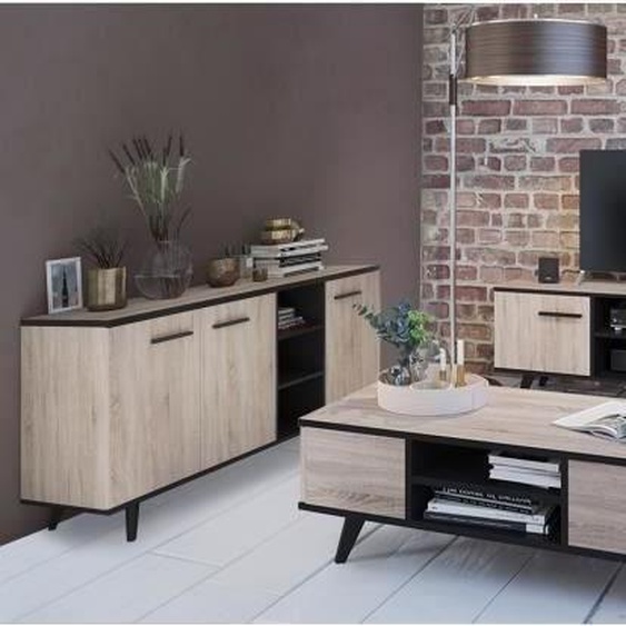 Ensemble meuble TV table basse buffet WAYNE - Mélaminé - Style scandinave - Chene brossé et noir