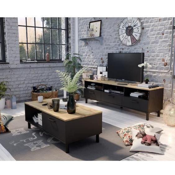 Ensemble Meuble TV+Table basse OXFORD - Style industriel - Mélaminé chêne noir - Table Basse: L110 cm et Meuble Tv 159 cm