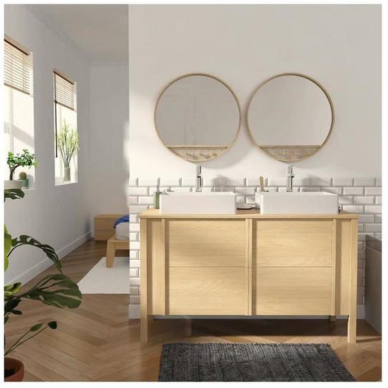 Ensemble meuble vasque chêne 130 cm +vasque+robinet+miroir NESTO