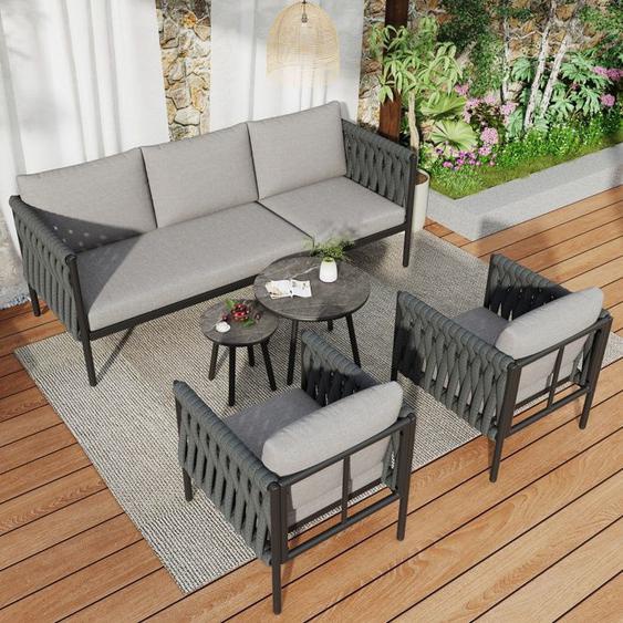 Ensemble Meubles de Jardin 5 PersonnesCanapé 3 Places2 Fauteuils2 Tables BassesPlateau en Verre MarbréAcier GalvaniséGris