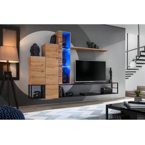Ensemble meubles de salon - PRICE FACTORY - SWITCH M8 - Style industriel - Coloris chêne - Éclairages LED