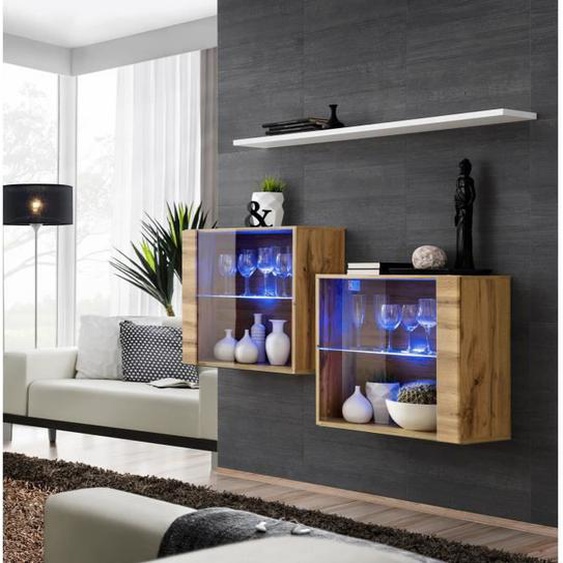 Ensemble meubles de salon SWITCH SBIII design, coloris chêne Wotan et porte vitrée avec système LED intégré, étagère blanche. 30