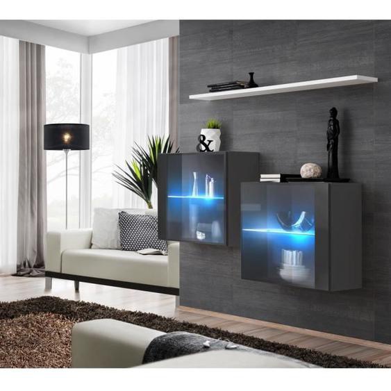 Ensemble meubles de salon SWITCH SBIII design, coloris gris brillant et porte vitrée avec système LED intégré, étagère blanche. 30