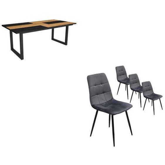 Ensemble Meubles, Table à manger, 200, Chêne et noir,  Style industriel, Table à manger, Chaises, RF2687
