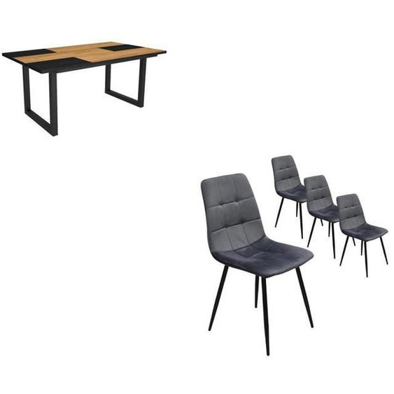 Ensemble Meubles, Table manger, 170, Chêne et noir, Style industriel, Table manger, Chaises, RF2681