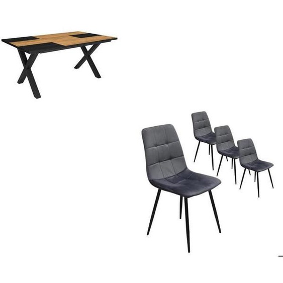 Ensemble Meubles, Table manger, 170, Chêne et noir, Style industriel, Table manger, Chaises, RF2682