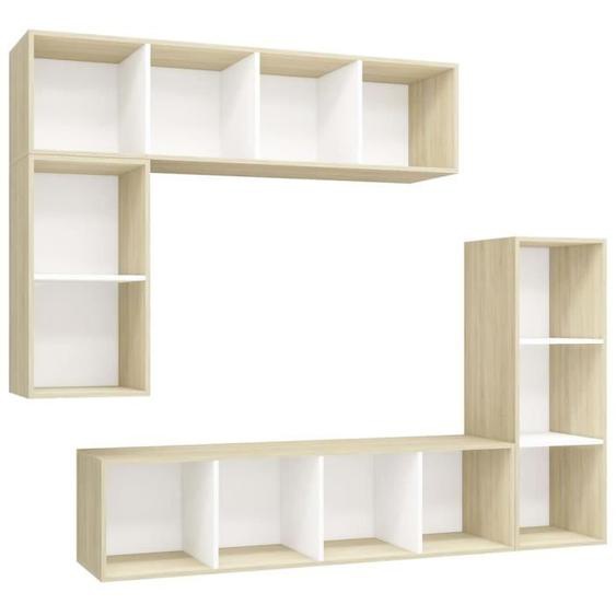 Ensemble meubles TV suspendu - Blanc/chêne sonoma - Bois dingénierie - Contemporain - Design - Porte(s)