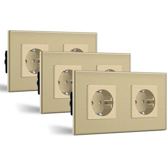 Ensemble moderne de 3 prises murales - Prises murales avec corps en verre - Accessoires de décoration  Design en verre brillant - Dimensions : 157 x 86 mm - Finition dorée